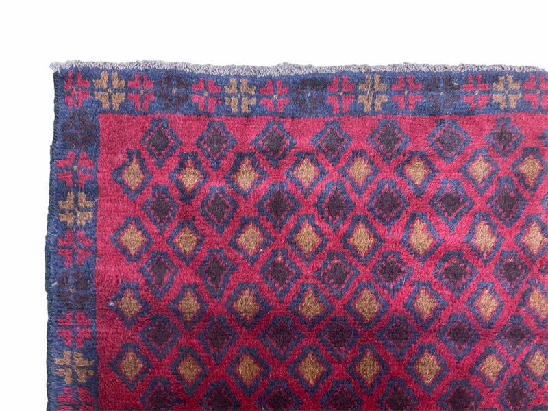 3x5 New Vintage Handmade Tribal Wool Rug Balouch Rug Afghan Rug Red Blue Diamond