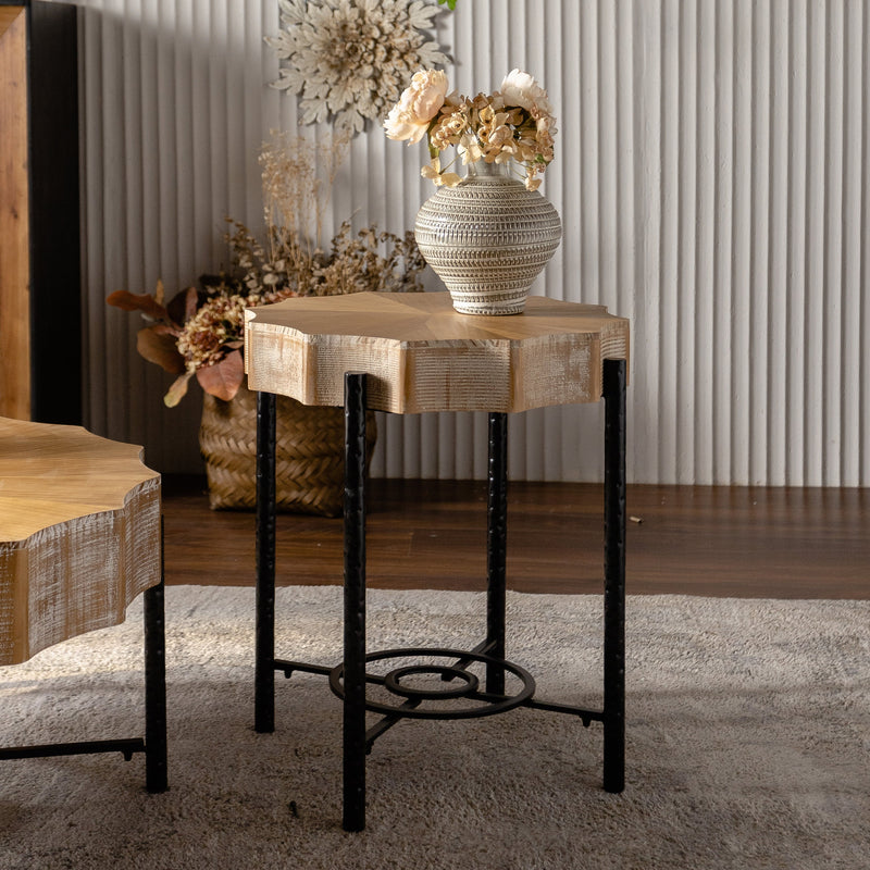 31.5 "Vintage Splicing Lace Shaped Coffee Table with Fir Wood Table Top and Concave Metal Cross Legs (Set of 2)