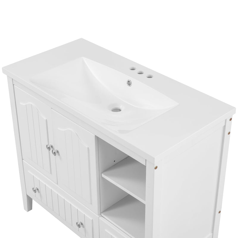 36" Bathroom Vanity with Ceramic Basin, Bathroom Storage Cabinet with Two Doors and Drawers, Solid Frame, Metal Handles, White