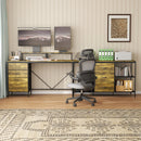 Industrial L Shaped Computer Desk With Power Outlets & USB-C, 6 Fabric Drawers, 3 Open Shelves, Movable Monitor Stands - Brown by HouseOfZazla