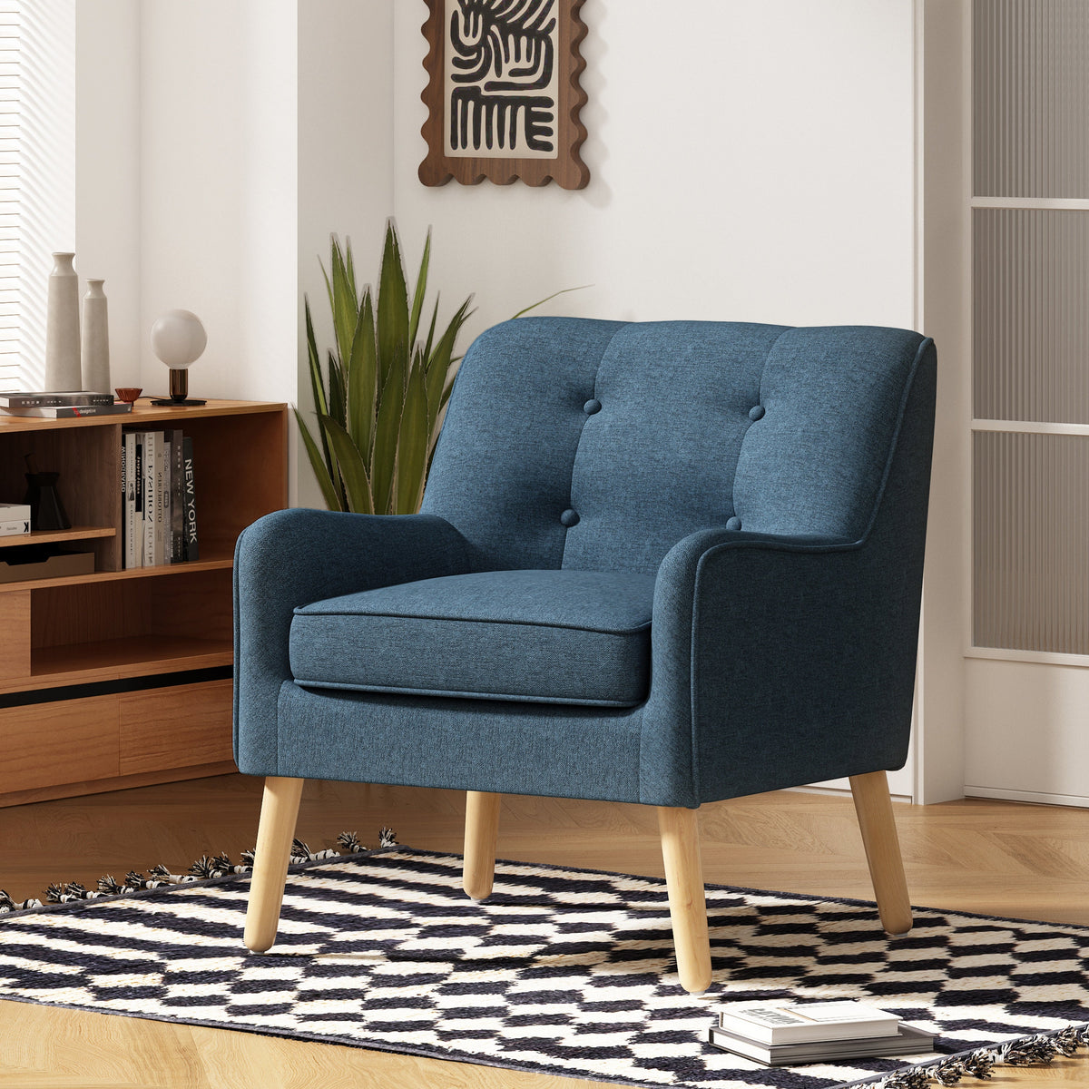 Mid-Century Modern Armchair - Tufted Fabric Accent Chair with Solid Wood Legs, photo 2 of 10