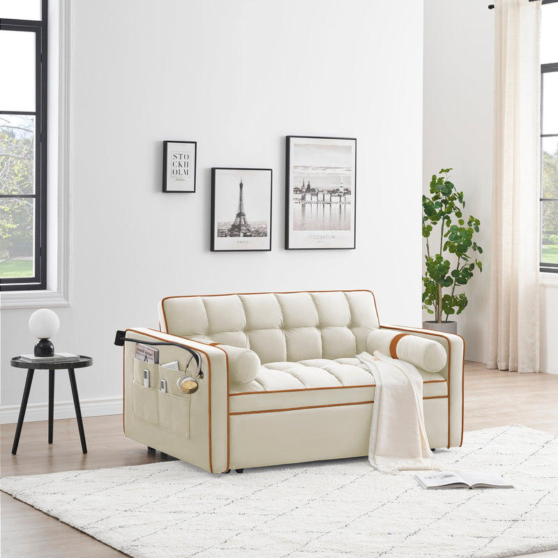 Sleeper Sofa Couch w/Pull Out Bed, 55" Modern Velvet Convertible Sleeper Sofa Bed, Small Love seat Sofa Bed w/Pillows & Side Pockets for Small Space, Living Room, Apartment,Beige