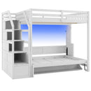 Full Long Loft Bed With Storage Staircase, Murphy Bed, LED Light - White by Unique Piece Furniture