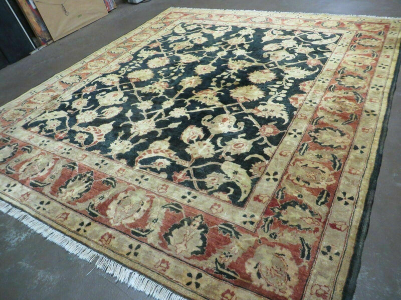 8' X 9' Handmade Pakistan Wool Cotton Rug Peshawar Black Floral Nice