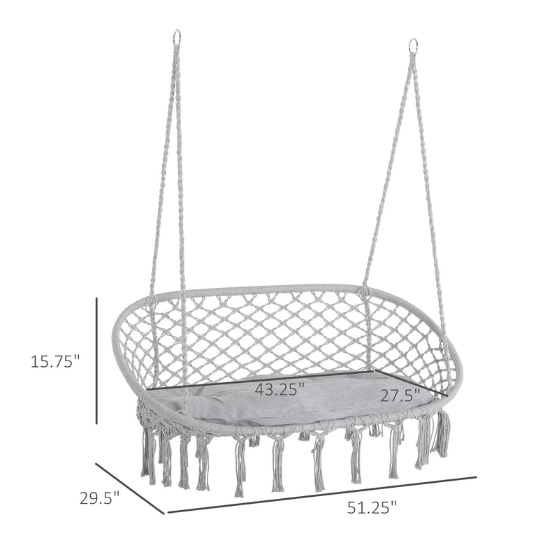 2-Person Hammock Chair Macrame Swing with Soft Cushion, Hanging Cotton Rope Chair for Indoor Outdoor Home Patio Backyard, Grey