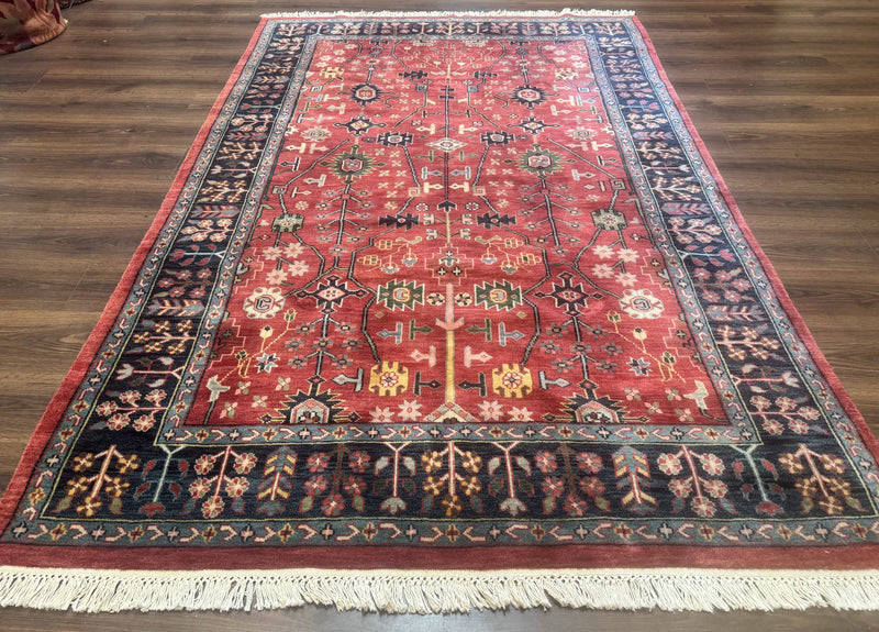 Indo Persian Heriz Serapi Rug 6x8, Rust Red and Navy Blue, Allover Pattern