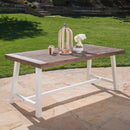 Outdoor Dark Brown Sandblast Finish Acacia Wood Dining Table with White Rustic Metal Frame, Weather Resistant