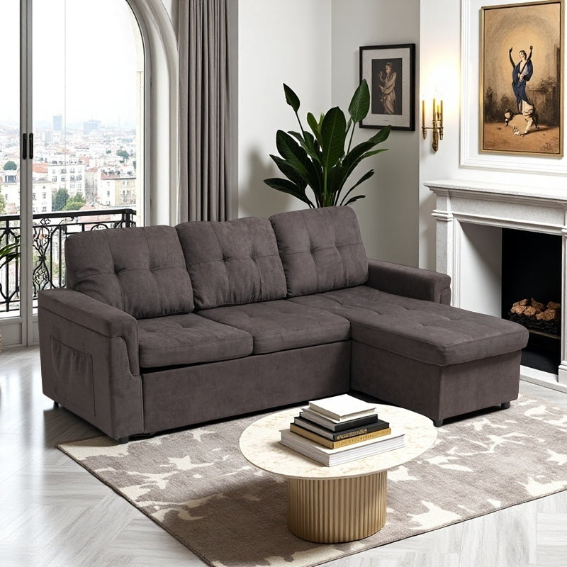 Upholstered Sleeper Sofa, L Shaped Sectional Couch with Reversible Storage, Convertible Corner Lounge Couches w/Pull Out Sofa bed for Living Room, Apartment,