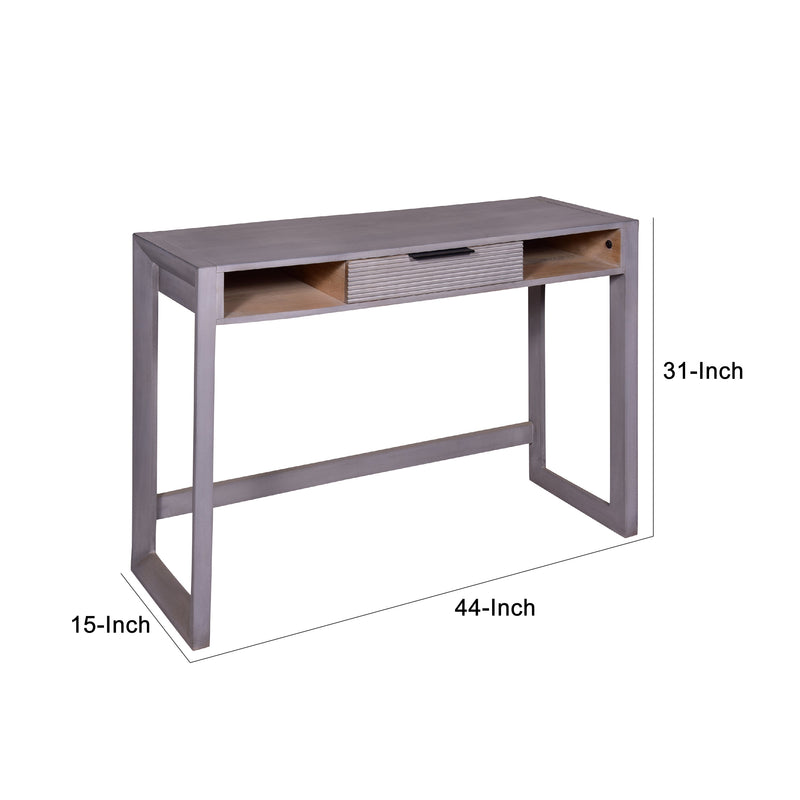 44 Inch Minimalist Single Drawer, Mago Wood, Entryway Console Table Desk, Textured Groove Lines, Gray