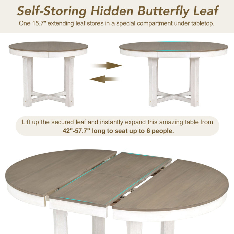 5-Piece Dining Table Set, Two-Size Round To Oval Extendable Butterfly Leaf Wood Dining Table and 4 Upholstered Dining Chairs with Armrests (Brown+White)