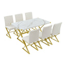 7-Piece Modern Dining Table Set, Rectangular Marble Texture Kitchen Table and 6 PU leather Chairs with X-Shaped Gold Steel Pipe Legs for Dining Room (White)