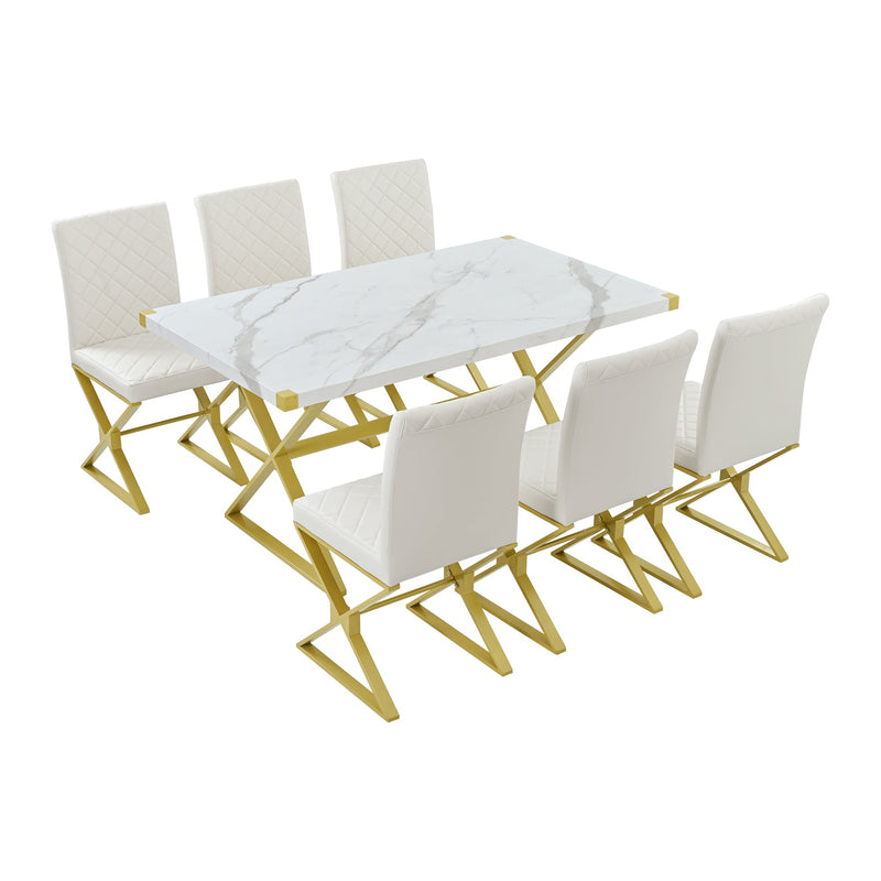7-Piece Modern Dining Table Set, Rectangular Marble Texture Kitchen Table and 6 PU leather Chairs with X-Shaped Gold Steel Pipe Legs for Dining Room (White)