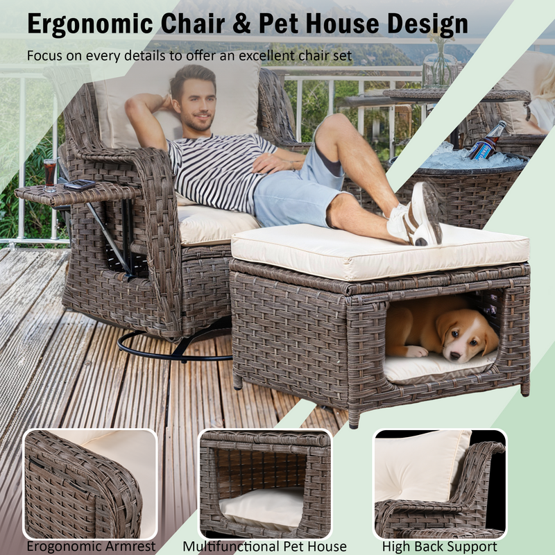 5 Pieces Outdoor Patio Furniture Set with Pet House Cool Bar and Retractable Side Tray, Rattan Wicker Patio Swivel Rocking Chairs Set of 2 with Ottomans for Backyard, Porch, Balcony, Beige