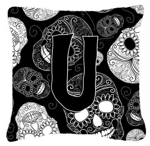 Letter U Day of the Dead Skulls Black Canvas Fabric Decorative Pillow CJ2008-UPW1414