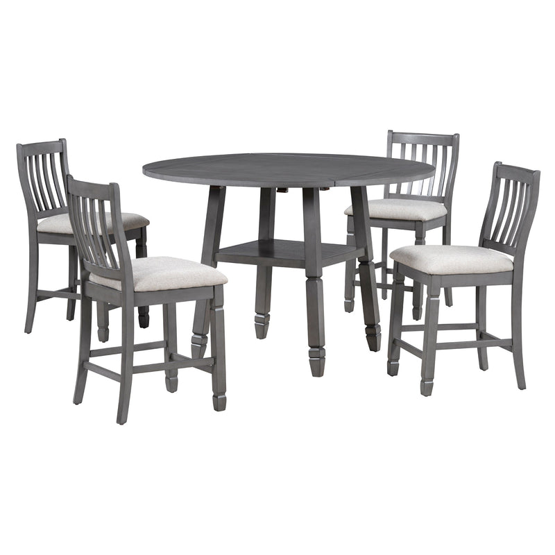5-Piece Counter Height Dining Table Set in 2 Table Sizes with 4 Folding Leaves and 4 Upholstered Chairs for Dining Room (Gray+Beige Cushion)