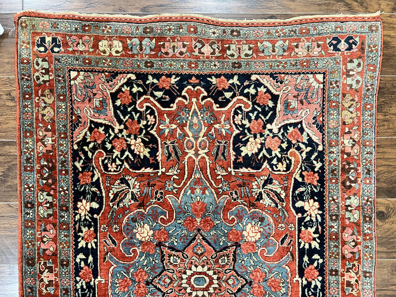Antique Persian Bidjar Rug 4x5, Red and Blue, Hand Knotted Wool Carpet