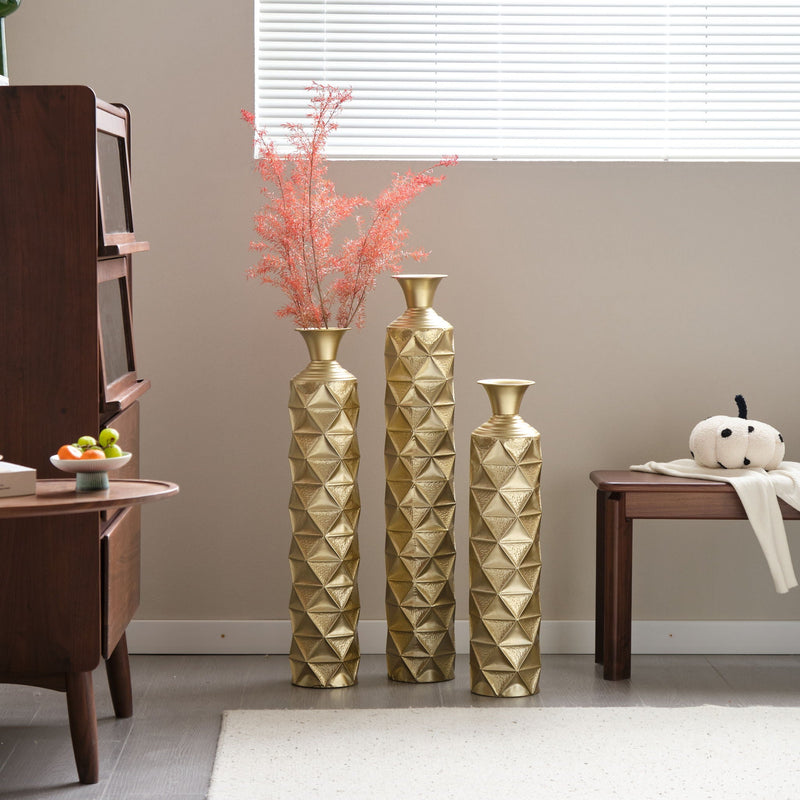 Metal Decorative Vase High Distress Metal Center Vase With 3D Triangle Pattern, (Set of 3) Vases For Home Decoration - Gold, photo 15 of 18