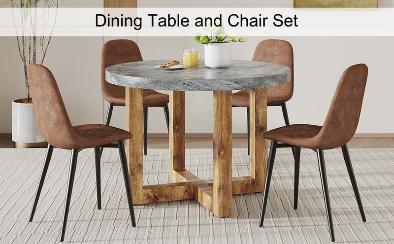 A modern and practical circular dining table. Made of MDF tabletop and wooden MDF table legs. A set of 4 brown cushioned chairs.