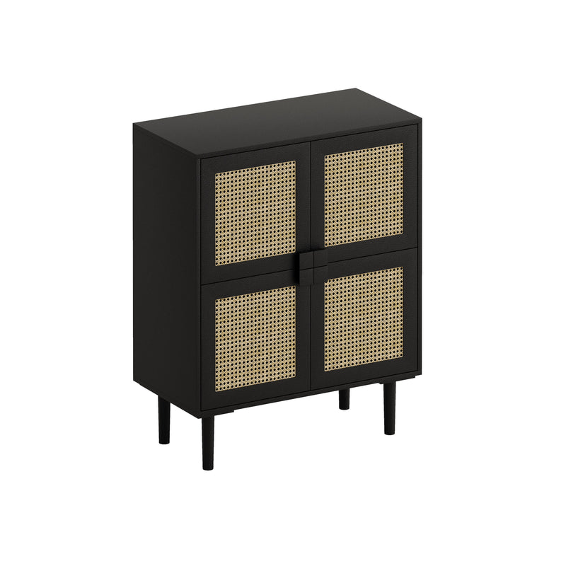 Walker Edison - 4-Doors Rattan Mesh Storage Cabinet, Sideboard with Eight Storage Spaces, for Entryway, Living Room, Hallway (Black)