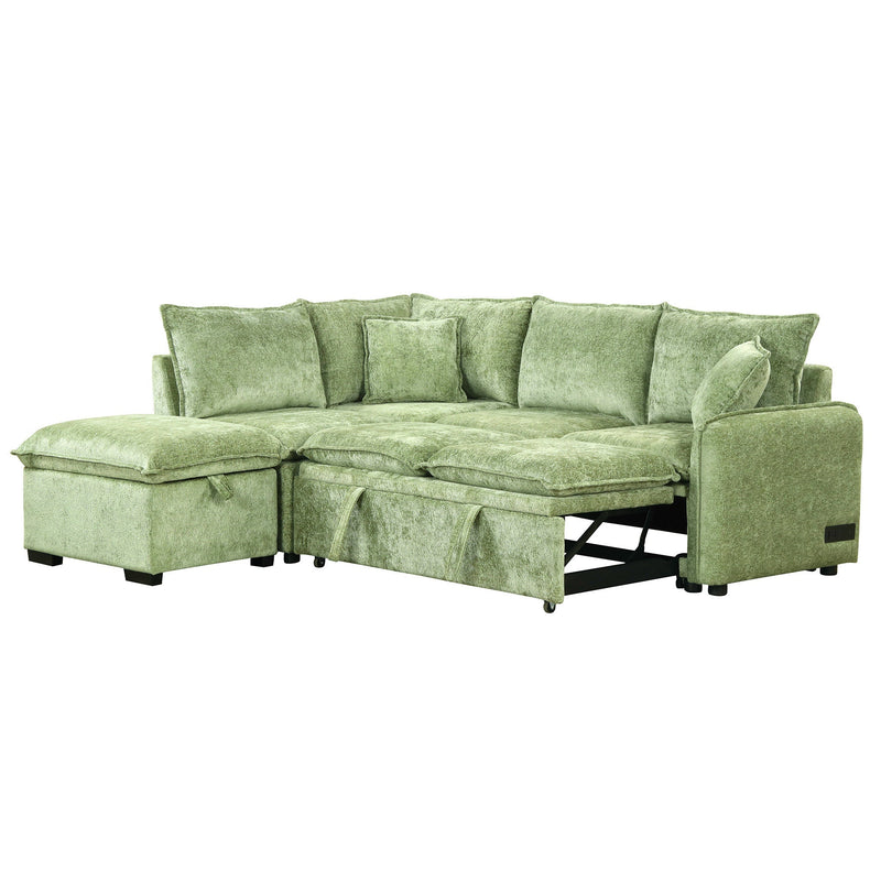 82.67"Convertible Sofa Bed Sectional Sofa Sleeper L-shaped Sofa with a Storage Ottoman,Two Pillows, Two Power Sockets and Two USB Ports for Living Room, Green