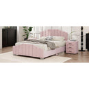 3 Pieces Bedroom Sets Full Size Velvet Upholstered Platform Bed Vertical Channel Tufted Headboard and Two Three-drawer Nightstands,Pink