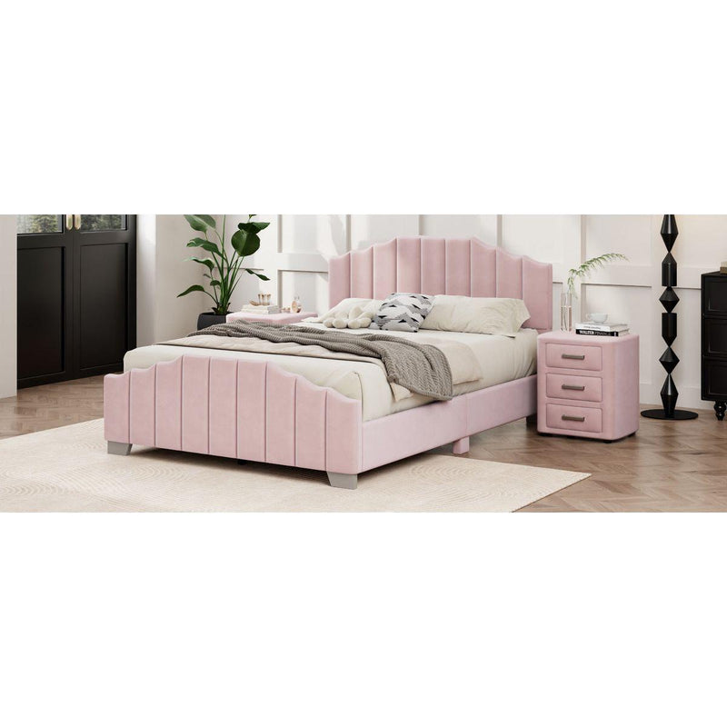 3 Pieces Bedroom Sets Full Size Velvet Upholstered Platform Bed Vertical Channel Tufted Headboard and Two Three-drawer Nightstands,Pink