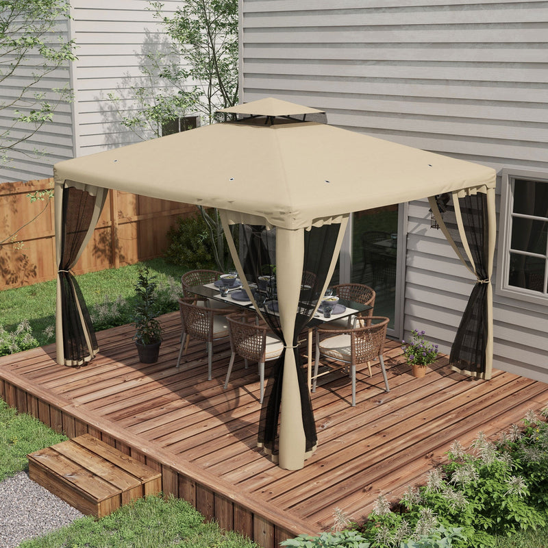 9.6' x 11.6' Patio Gazebo, Outdoor Canopy Shelter with 2-Tier Roof and Netting, Steel Frame for Garden, Lawn, Backyard, and Deck, Taupe