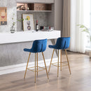 26 Inch Set of 2 Bar Stools, with Steel Frame Footrest Velvet Fabric Golden Leg Simple Bar Stool, BLUE