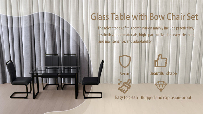51 inch Glass Dining Table Set for 4, Dining Table & Chair Sets with Black Metal Legs for Kitchen, Modern Rectangle Tempered Glass Table Top and PU Dining armless Chair for Dining Room