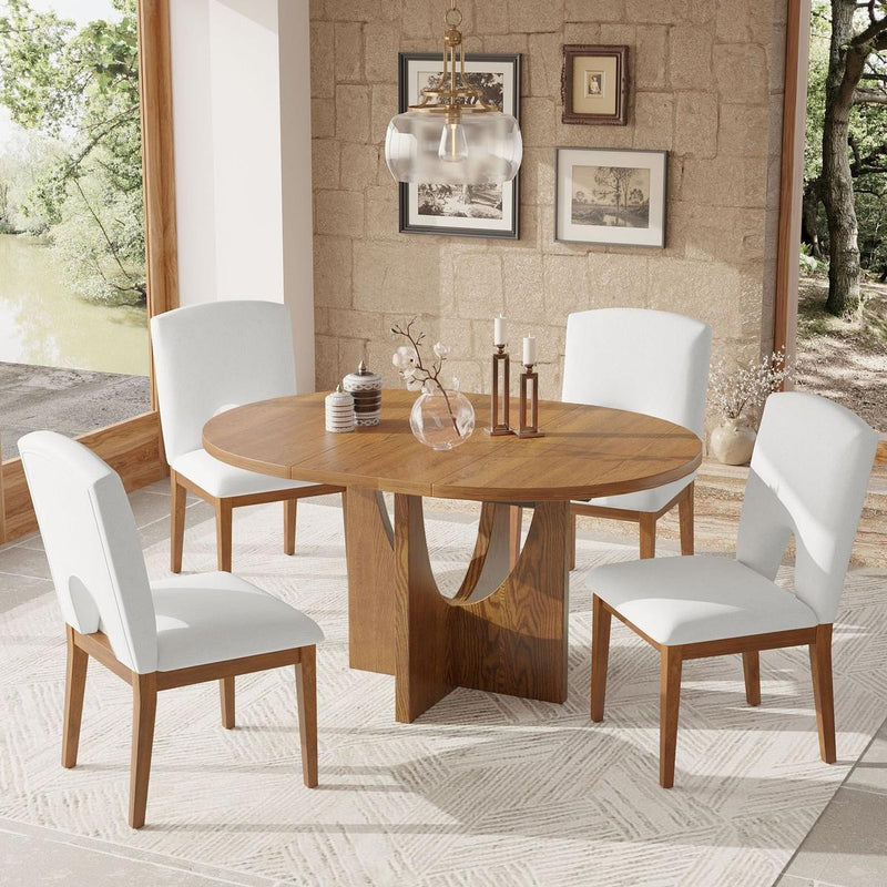 Modern 5-Piece Extendable Round Dining Table Set with 16.2inch Removable Leaf for Small Places, Walnut+Beige