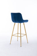 26 Inch Set of 2 Bar Stools, with Steel Frame Footrest Velvet Fabric Golden Leg Simple Bar Stool, BLUE