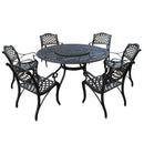 Aluminum 7pc Black Round Patio Dining Set, Lazy Susan, Six Chairs