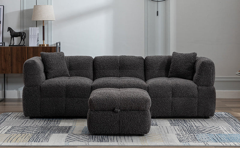87.7" Sectional Sofa Cozy Teddy Fleece Fabric Sectional Sofa Couch with Two USB Ports a Movable Storage Ottoman and Two Lumbar Pillows for Living Room, Gray