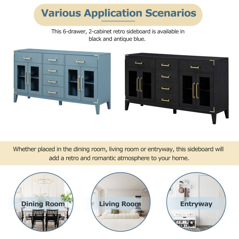 6-drawer and 2-Cabinet Retro Sideboard with Extra Large Storage Space, with Gold Handles and Solid Wood Legs, for Kitchen and Living Room (Antique Blue)