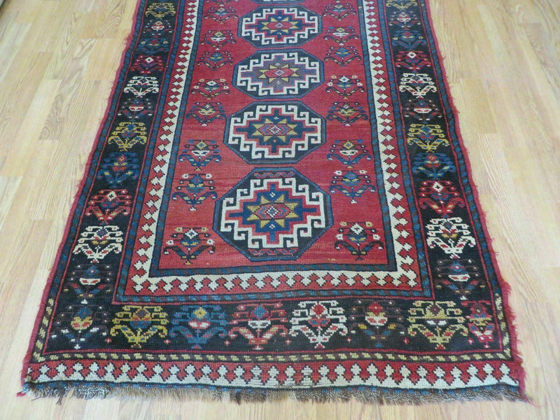 3' 3" X 10' Hand-Knotted Antique Handmade Caucasian Kazak Wool Runner Rug
