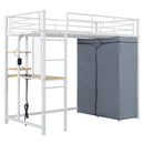 Loft Bed With Desk, Shelves, Power Outlet, LED Light And Wardrobe