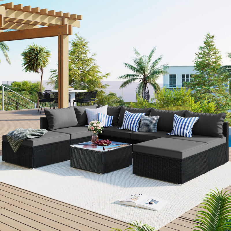 8-Pieces Outdoor Patio Furniture Sets, Garden Conversation Wicker Sofa Set, Single Sofa Combinable, Gray Cushions Black Wicker