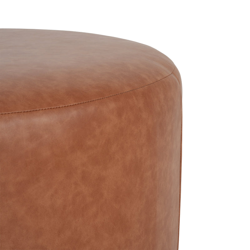 Upholstered Round Ottoman,PU Leather, Cognac Brown