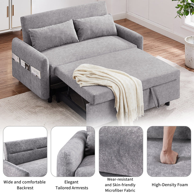 55.1" Pull Out Sleep Sofa Bed Loveseats Sofa Couch with Adjustable Backrest, Storage Pockets, 2 Soft Pillows, USB Ports for Living Room, Bedroom, Apartment, Office,Grey