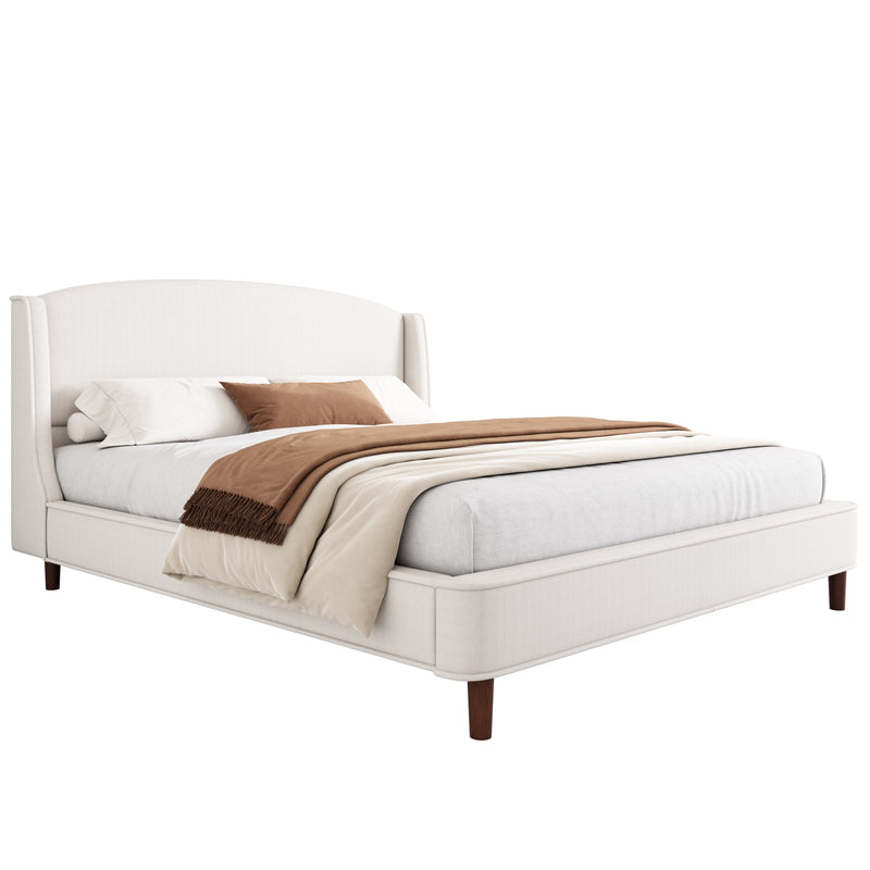 King Size Bed Frame Upholstered Platform Bed with Wingback Headboard,Beige