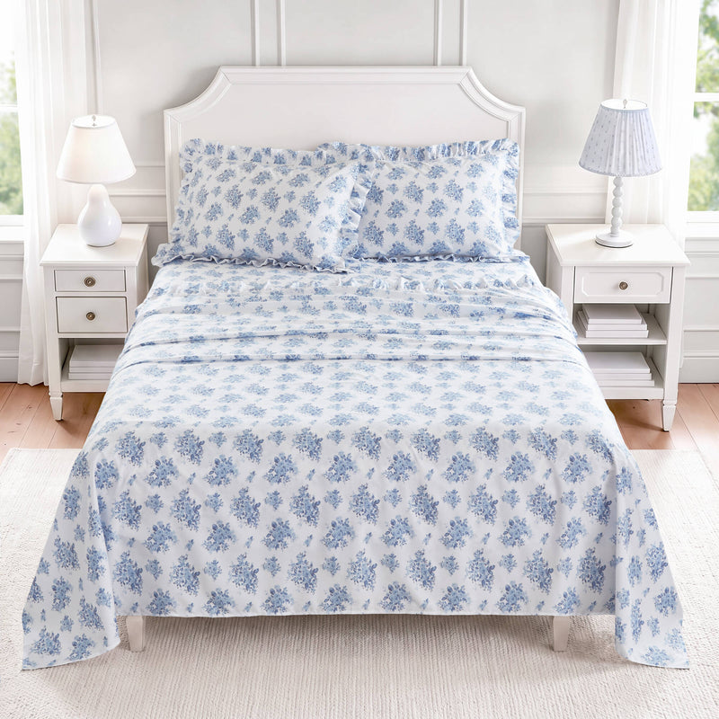 4-Piece King Microfiber Sheet Set with Ruffled Hem, Blue Floral, photo 3 of 10
