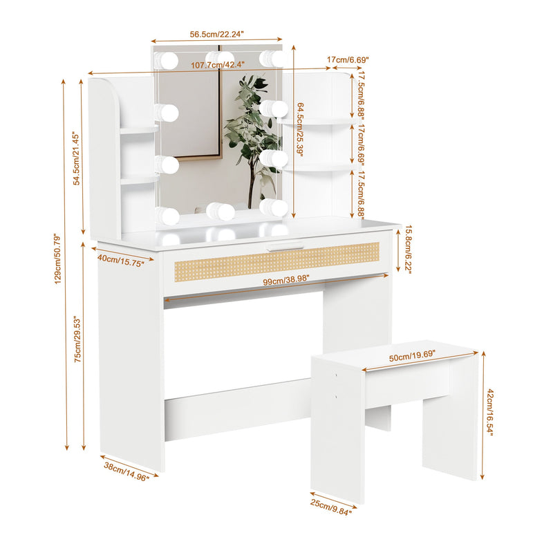 Walker Edison | Rattan Vanity Desk Set with Stool