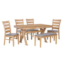 6-Piece Retro 59"L Rectangular Dining Table Set, Table with Unique Legs and 4 Upholstered Chairs & 1 Bench for Dining Room and Kitchen (Natural Wood Wash)
