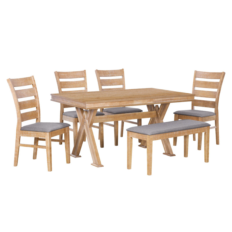 6-Piece Retro 59"L Rectangular Dining Table Set, Table with Unique Legs and 4 Upholstered Chairs & 1 Bench for Dining Room and Kitchen (Natural Wood Wash)