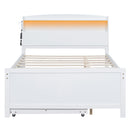 Full Size Platform Bed With Storage LED Headboard, Twin Trundle And 3 Drawers - White