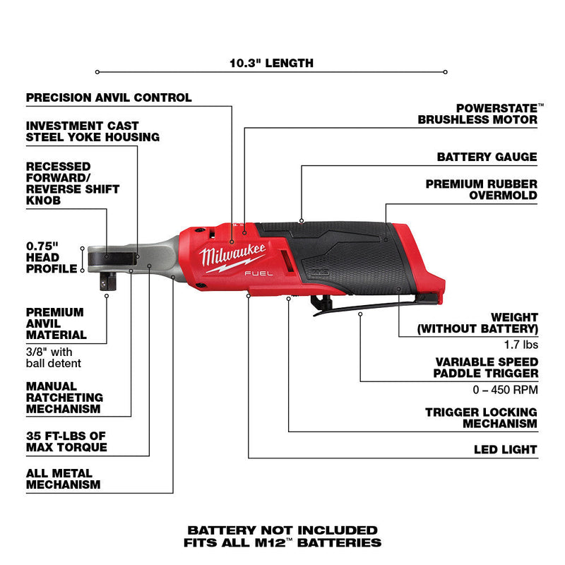 Milwaukee 2567-20 M12 FUEL™ 3/8" High Speed Ratchet (Tool Only)