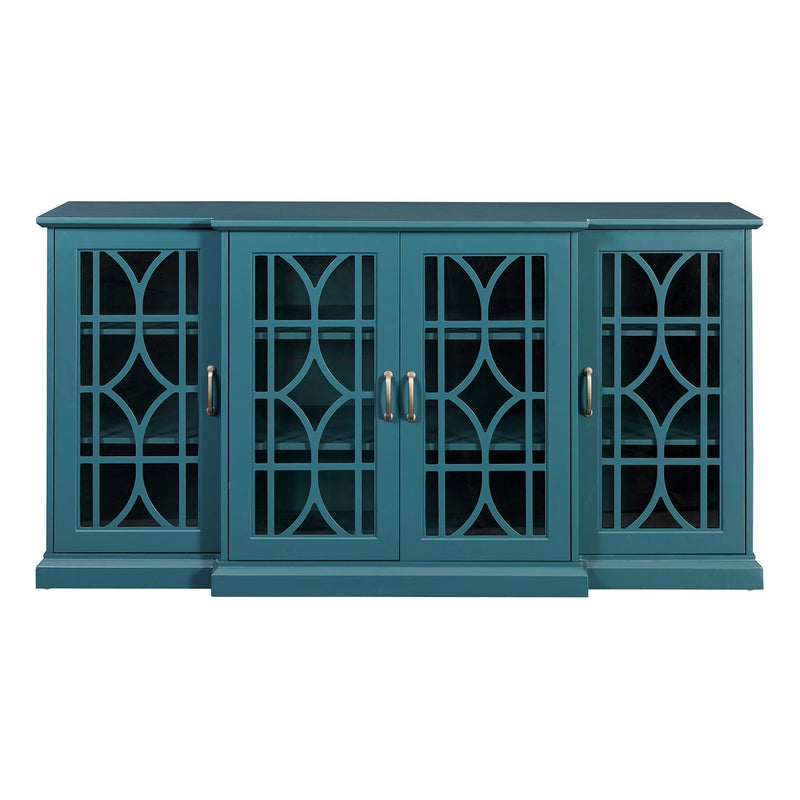 63" TV Stand, Storage Buffet Cabinet, Sideboard with Glass Door and Adjustable Shelves, Console Table for Dining Living Room Cupboard, Teal Blue
