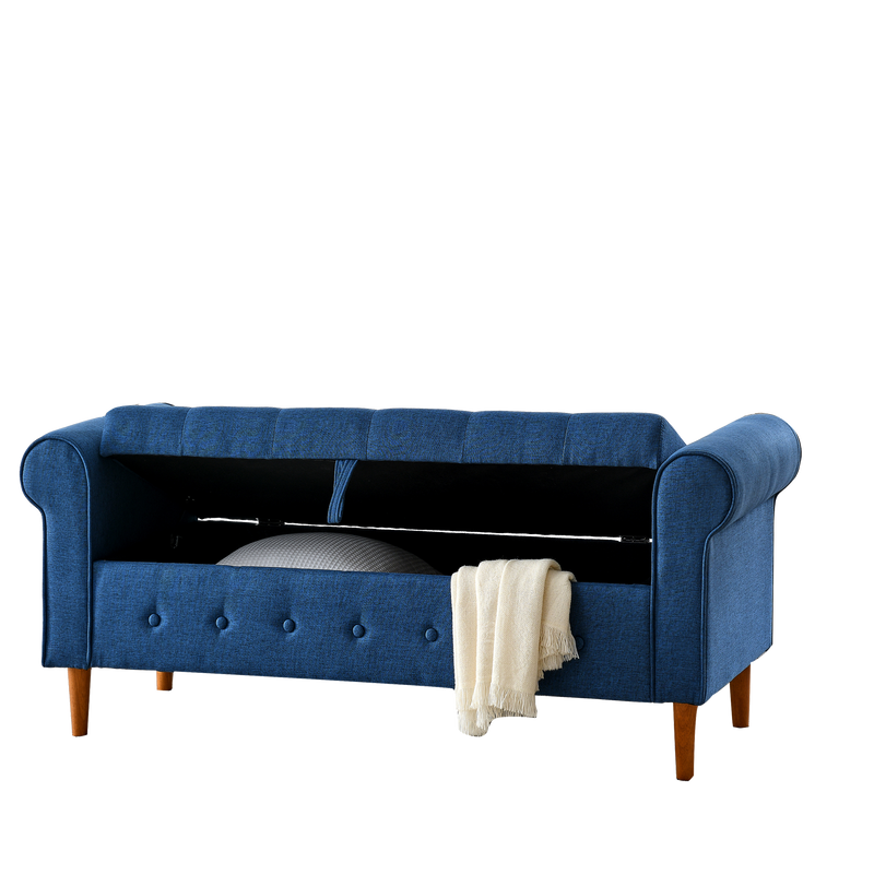 62" Bedroom Tufted Button Storage Bench, Linen Upholstered Ottoman, Window Bench, Rolled Arm Design for Bedroom, Living Room, Foyer (Blue)