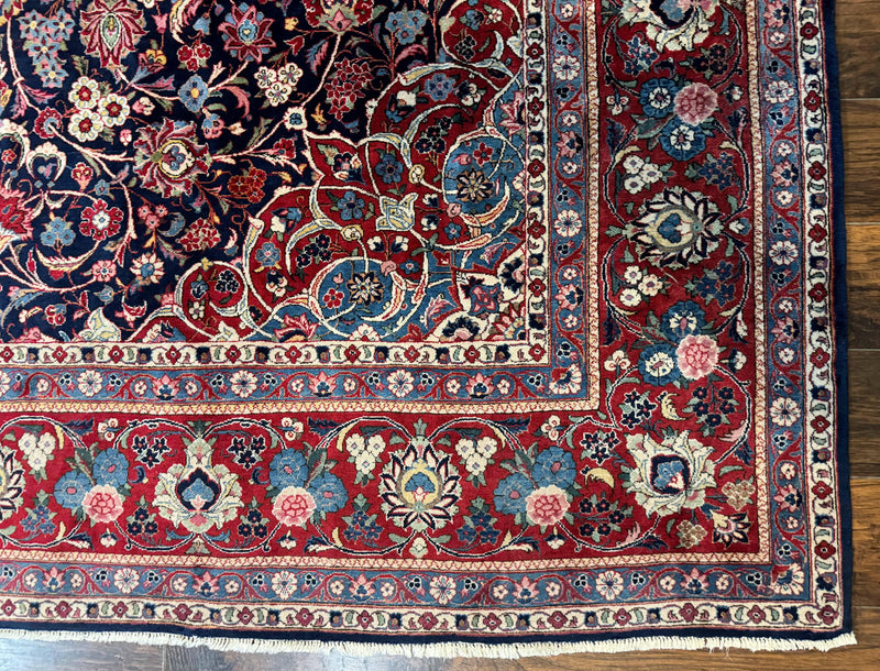 Navy Blue Persian Rug 9x12, Antique Persian Carpet, Kork Wool, 200 KPSI, Persian Kashan Rug