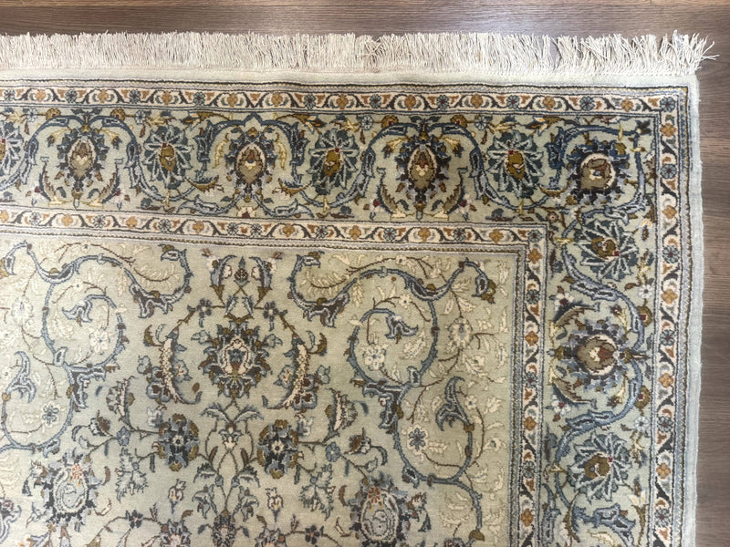 Persian Kashan Rug, Unique Colors, 225 KPSI, Light Green and Light Blue
